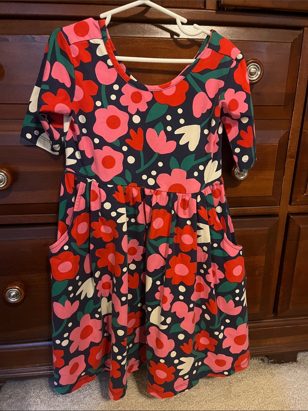 Hanna Andersson Floral Pocket Dress in Navy with Pink & Red Flowers